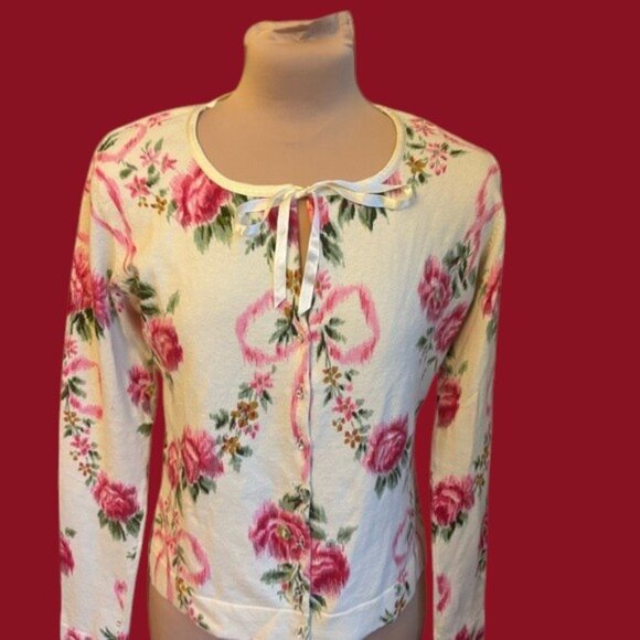 Charlotte Tarantola Cream and Pink Floral Cardigan with sheer embroidered back - Picture 1 of 6